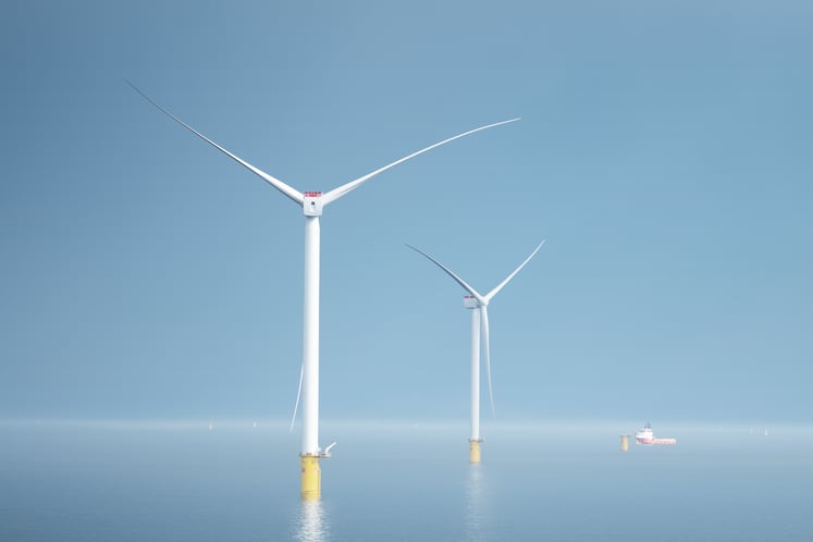 Installation of wind turbines on the HKZ project on Vessel Wind Osprey (Cadeler) tower, nacelle and blades installed by Siemens Gamesa.